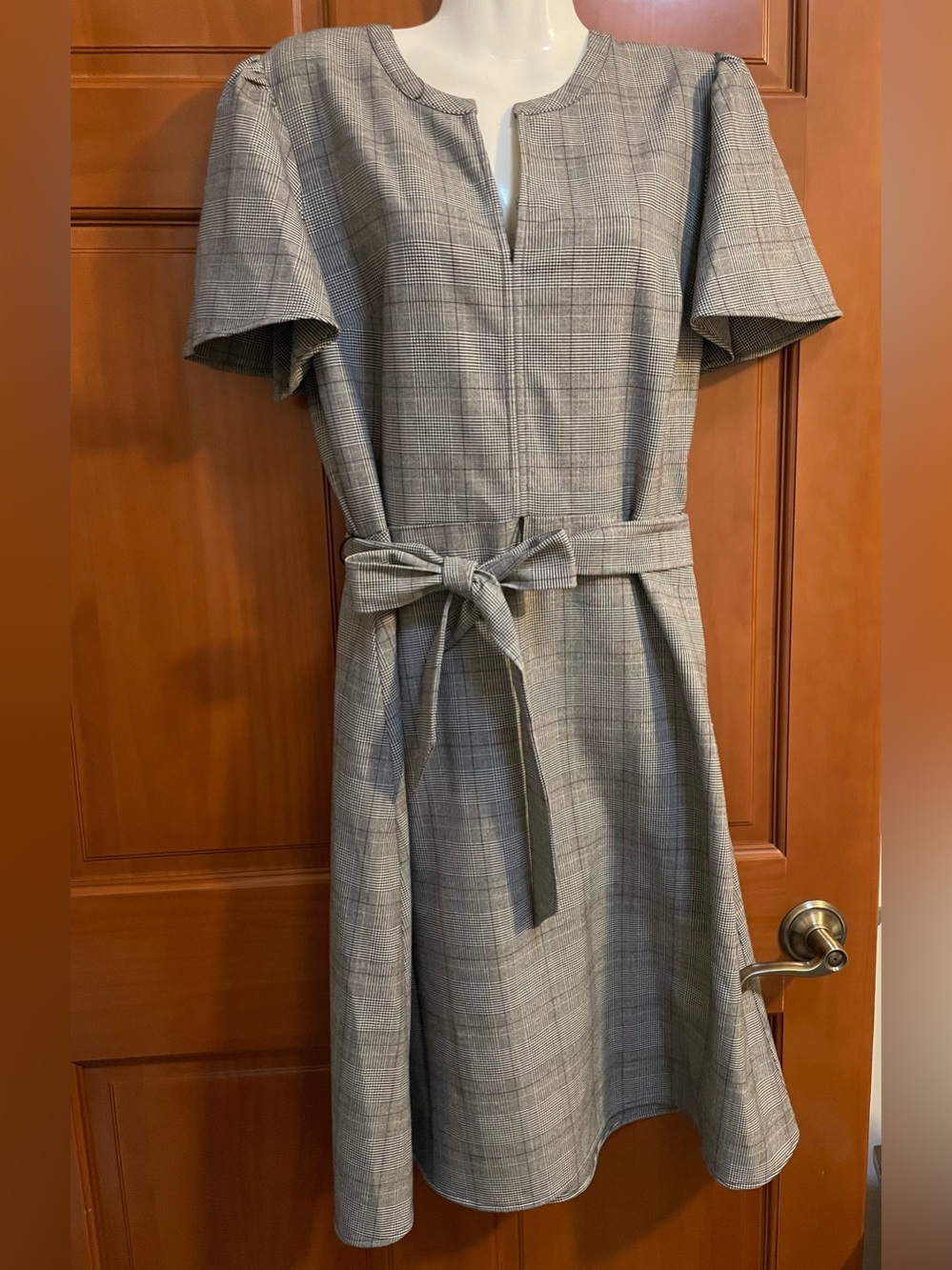 Liz Claiborne Gray Plaid Belted Midi Dress